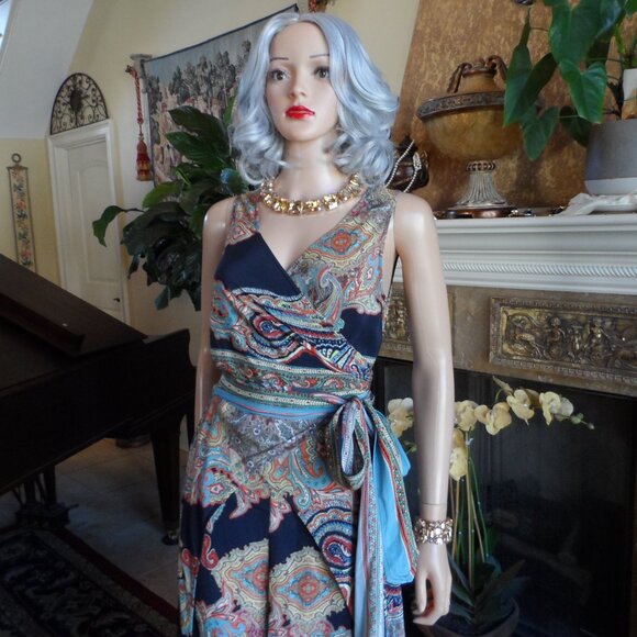 Scalan Theodore 100% Silk Blue Multi Jumpsuit w/Front Wrap Detail Size US 4 - Picture 5 of 16